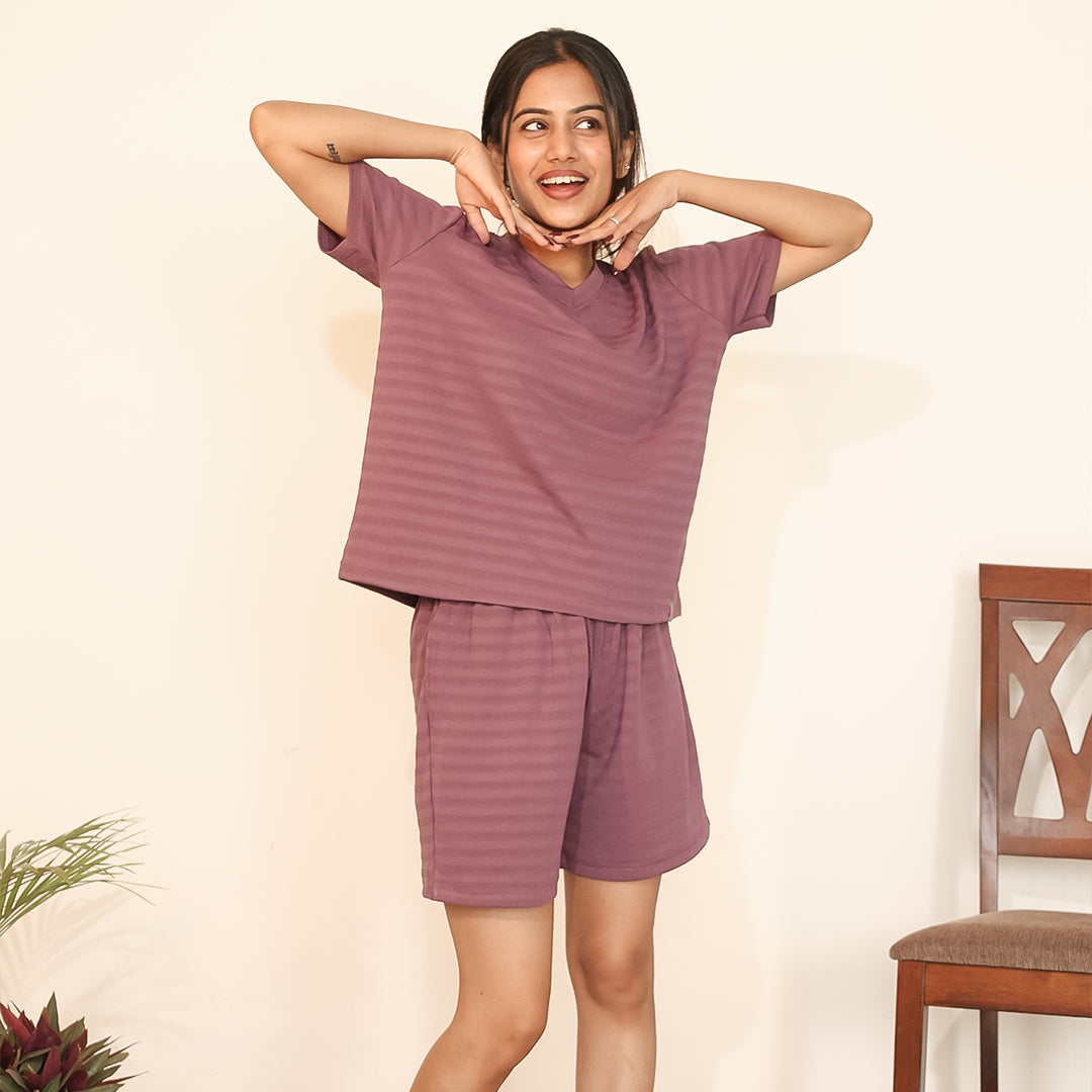 Cotton V-Neck Nightwear Set - Top & Shorts (Wine)
