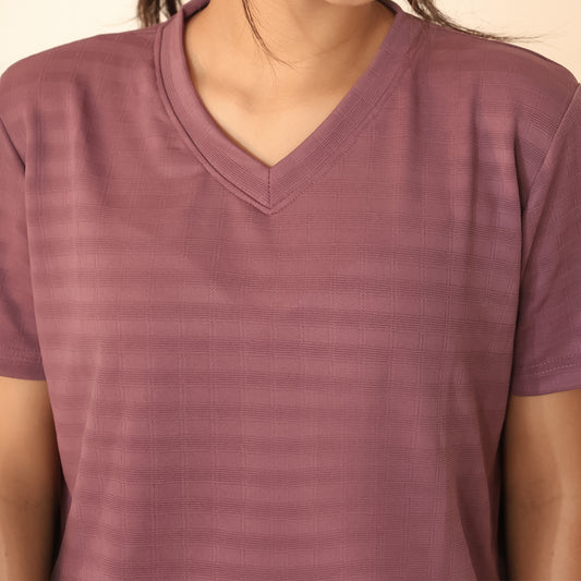 Cotton V-Neck Nightwear Set - Top & Shorts (Wine)